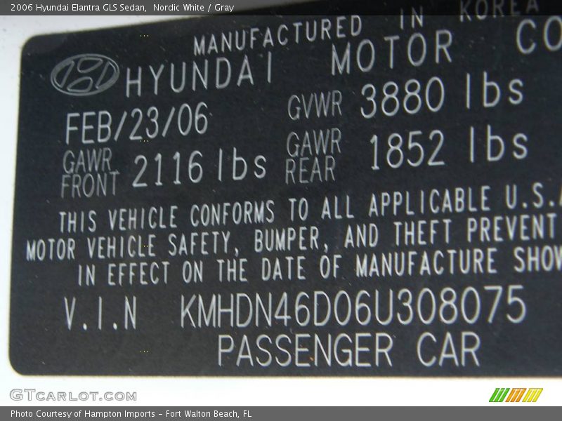 Nordic White / Gray 2006 Hyundai Elantra GLS Sedan