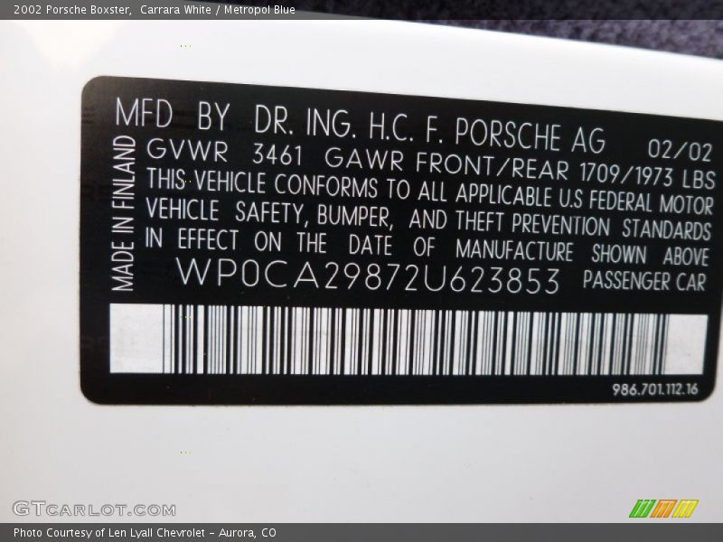 Carrara White / Metropol Blue 2002 Porsche Boxster