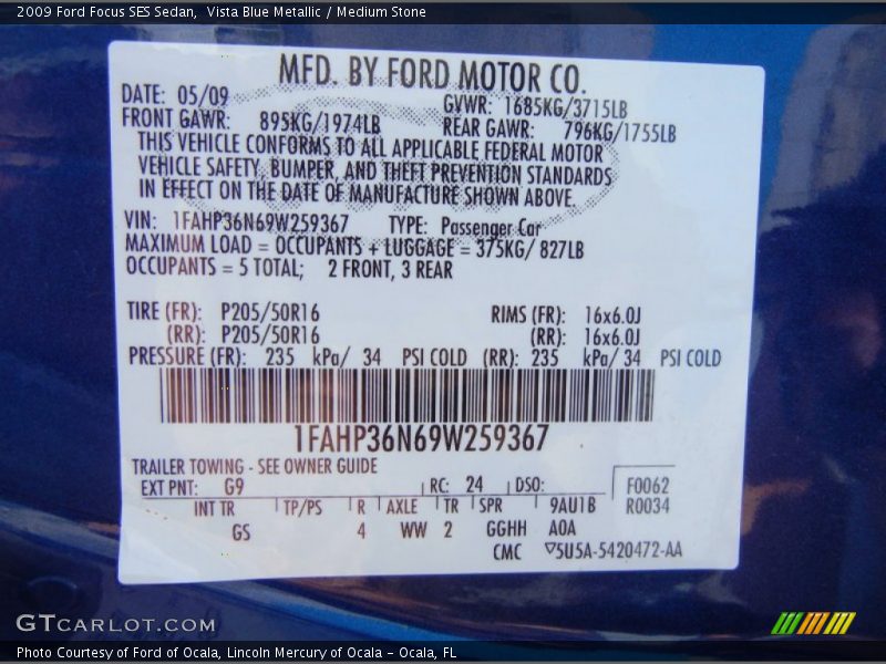 2009 Focus SES Sedan Vista Blue Metallic Color Code G9