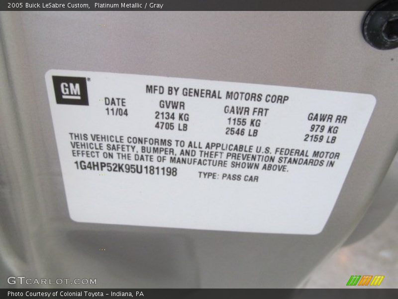 Platinum Metallic / Gray 2005 Buick LeSabre Custom