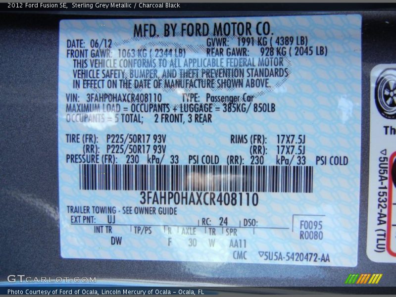 Sterling Grey Metallic / Charcoal Black 2012 Ford Fusion SE