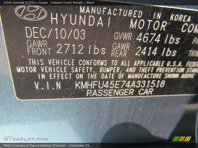 Celadon Green Metallic / Black 2004 Hyundai XG350 L Sedan