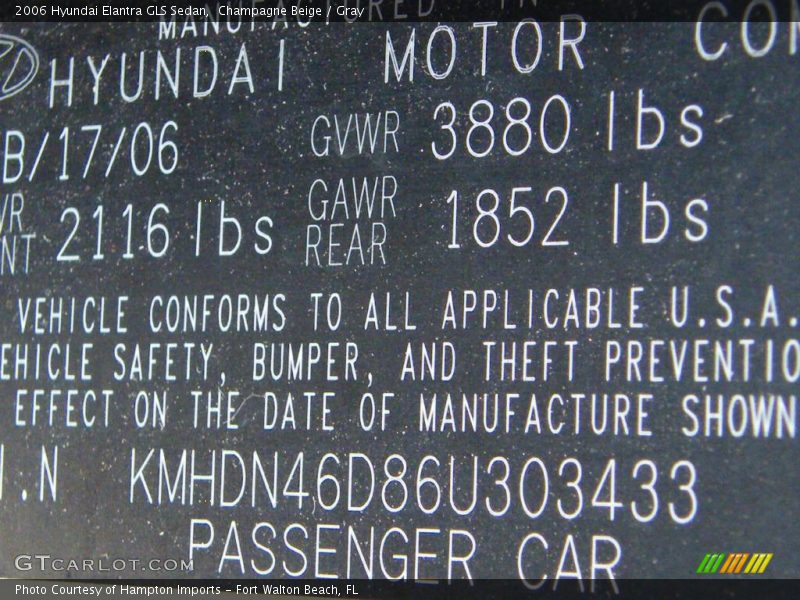 Champagne Beige / Gray 2006 Hyundai Elantra GLS Sedan