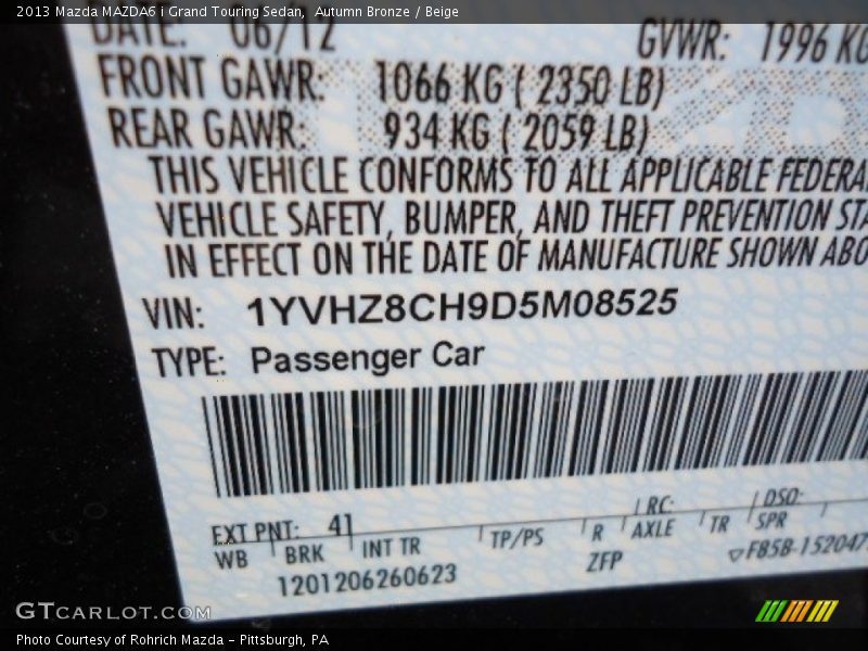 Autumn Bronze / Beige 2013 Mazda MAZDA6 i Grand Touring Sedan