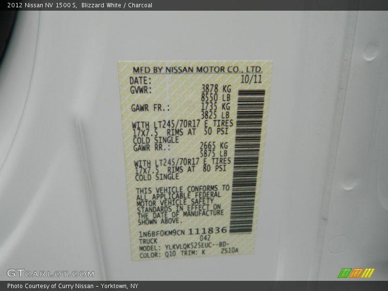 2012 NV 1500 S Blizzard White Color Code Q10