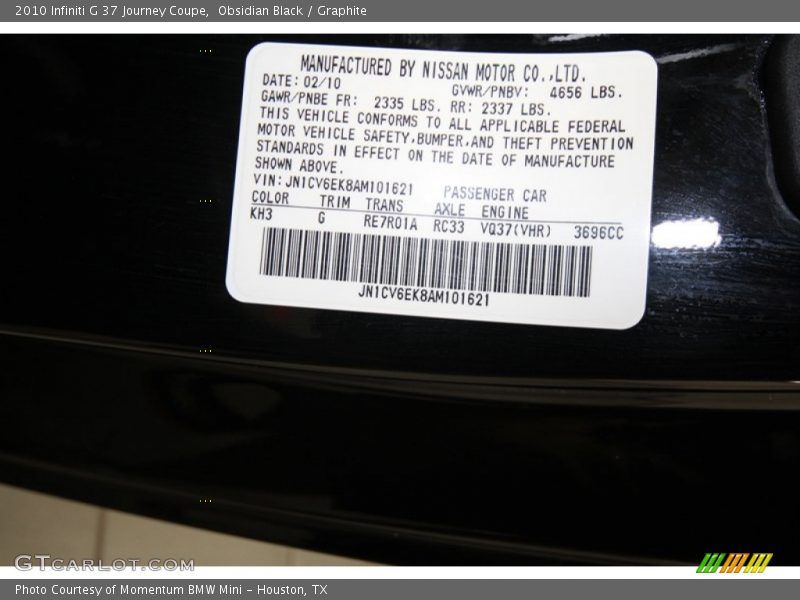 Obsidian Black / Graphite 2010 Infiniti G 37 Journey Coupe