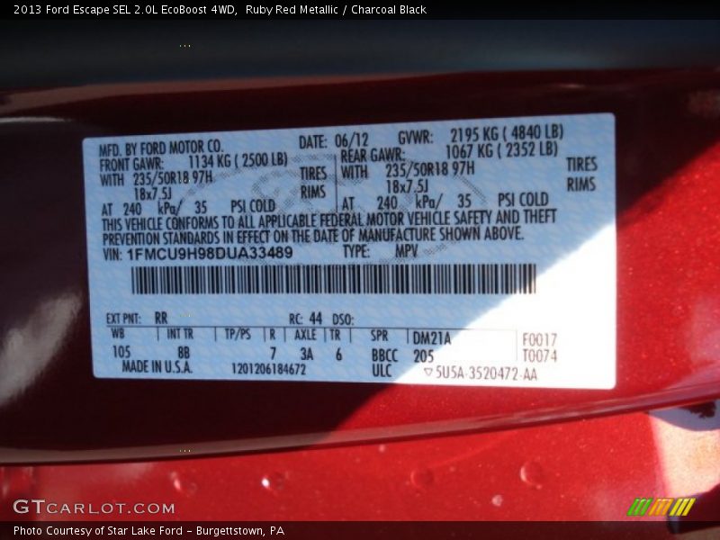 2013 Escape SEL 2.0L EcoBoost 4WD Ruby Red Metallic Color Code RR