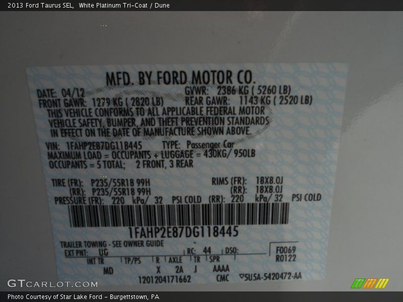 White Platinum Tri-Coat / Dune 2013 Ford Taurus SEL