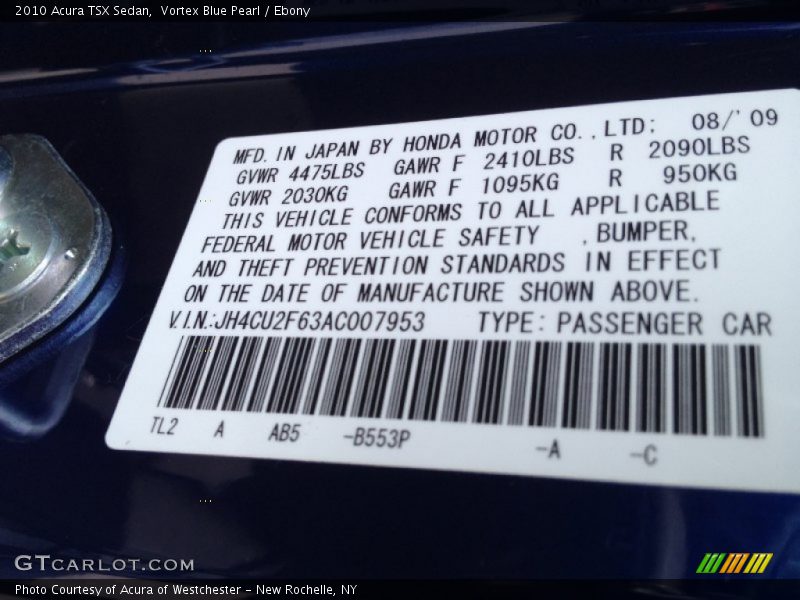 2010 TSX Sedan Vortex Blue Pearl Color Code B553P