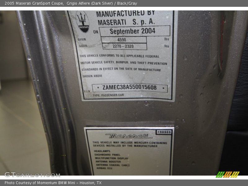 Info Tag of 2005 GranSport Coupe