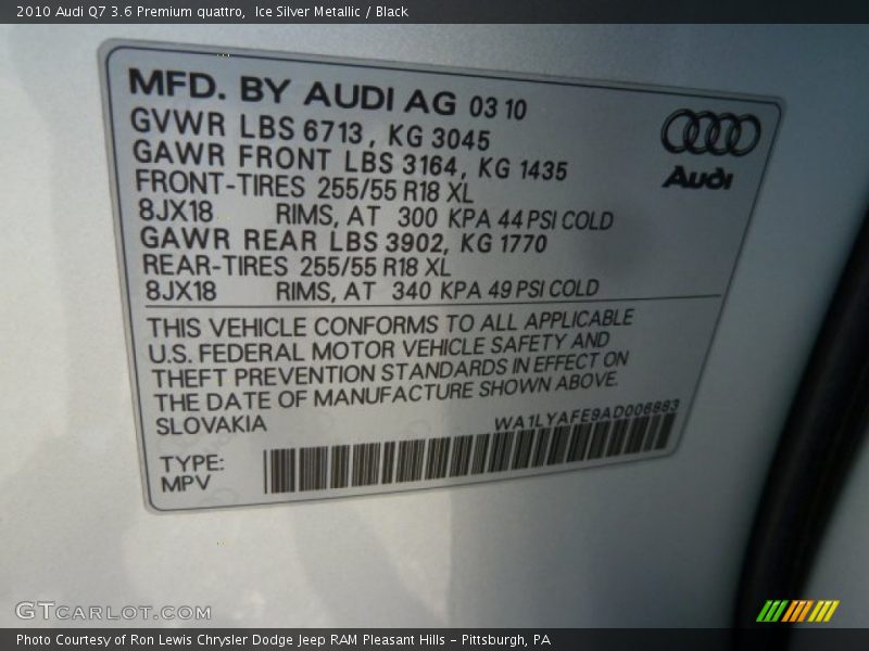 Ice Silver Metallic / Black 2010 Audi Q7 3.6 Premium quattro