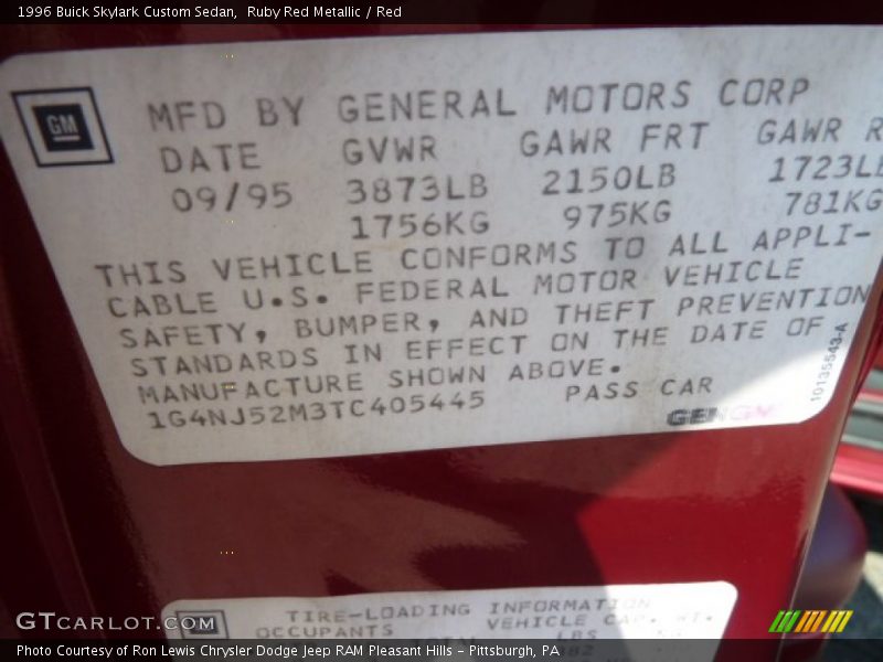 Ruby Red Metallic / Red 1996 Buick Skylark Custom Sedan