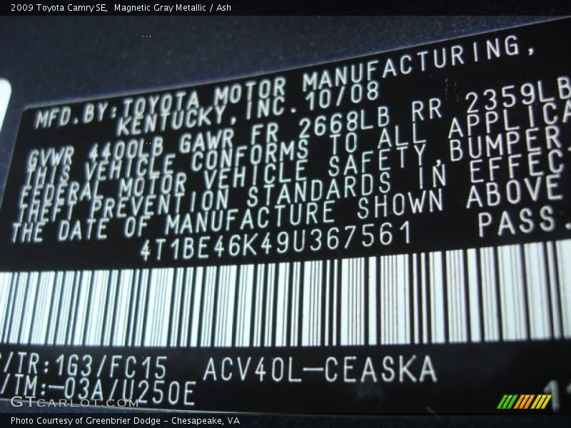 Magnetic Gray Metallic / Ash 2009 Toyota Camry SE