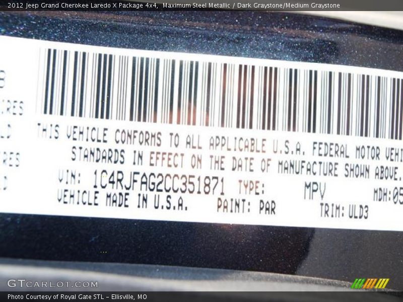 Maximum Steel Metallic / Dark Graystone/Medium Graystone 2012 Jeep Grand Cherokee Laredo X Package 4x4