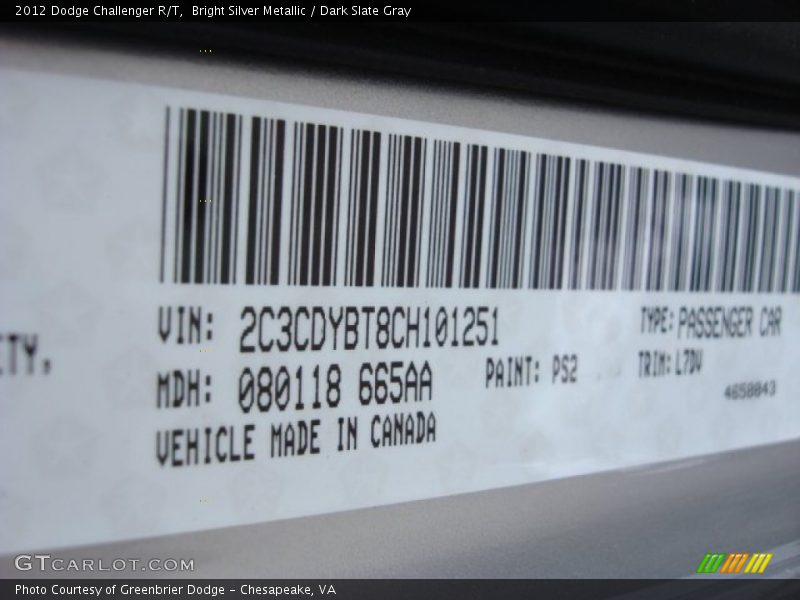 Bright Silver Metallic / Dark Slate Gray 2012 Dodge Challenger R/T