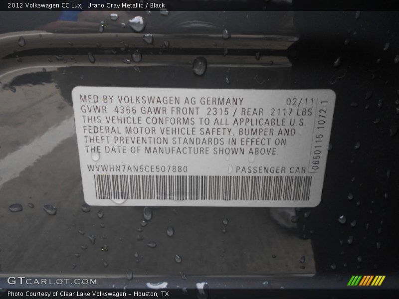 Urano Gray Metallic / Black 2012 Volkswagen CC Lux