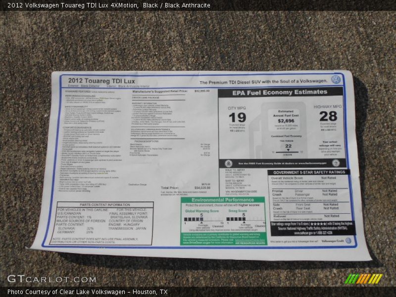 Black / Black Anthracite 2012 Volkswagen Touareg TDI Lux 4XMotion
