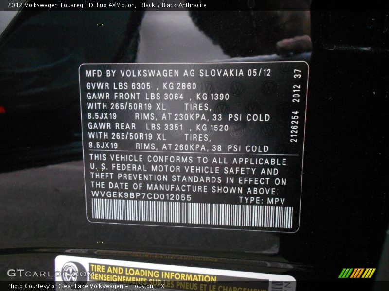 Black / Black Anthracite 2012 Volkswagen Touareg TDI Lux 4XMotion