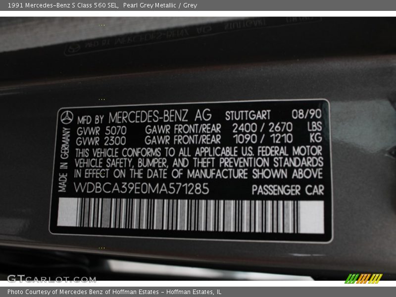 Info Tag of 1991 S Class 560 SEL