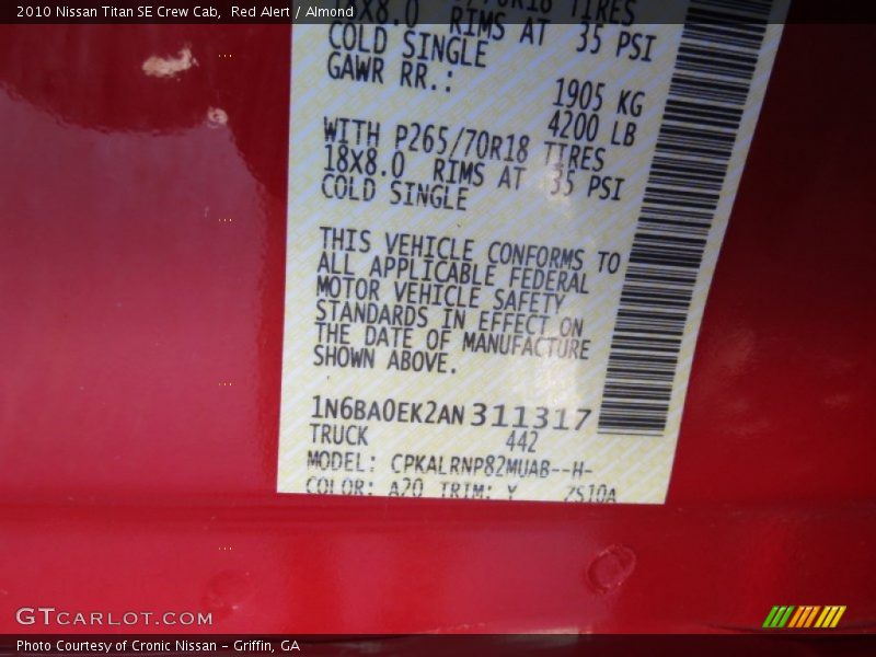 Red Alert / Almond 2010 Nissan Titan SE Crew Cab