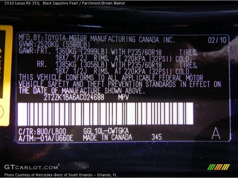 2010 RX 350 Black Sapphire Pearl Color Code 8U0