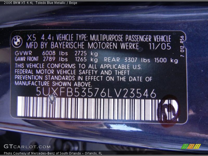 Toledo Blue Metallic / Beige 2006 BMW X5 4.4i