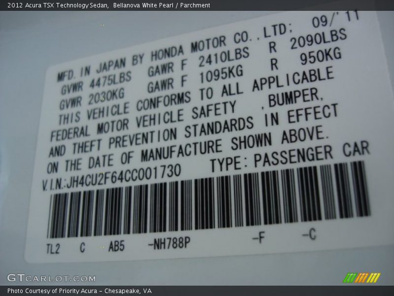 Bellanova White Pearl / Parchment 2012 Acura TSX Technology Sedan
