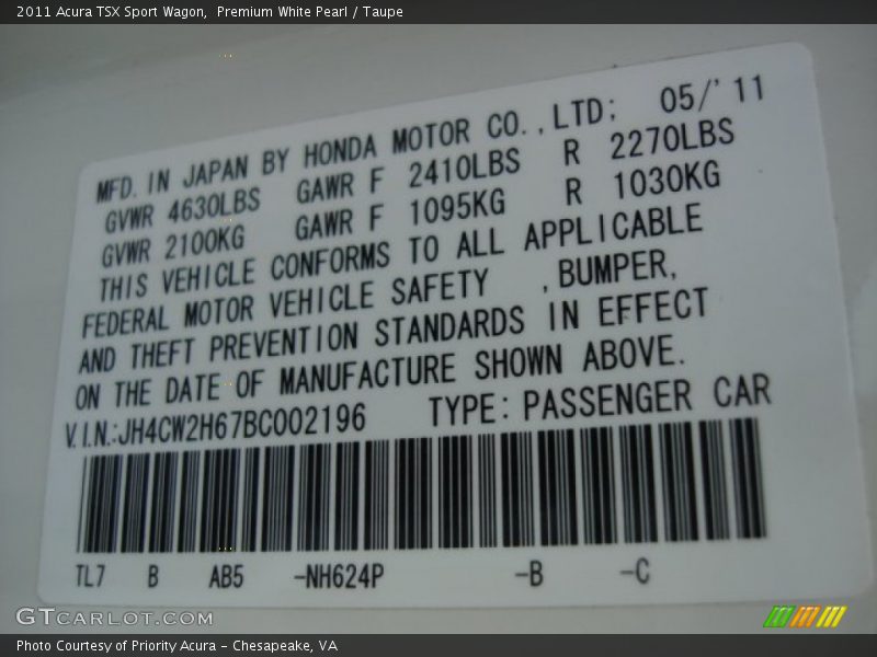 2011 TSX Sport Wagon Premium White Pearl Color Code NH624P