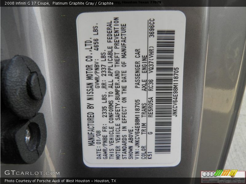 Platinum Graphite Gray / Graphite 2008 Infiniti G 37 Coupe