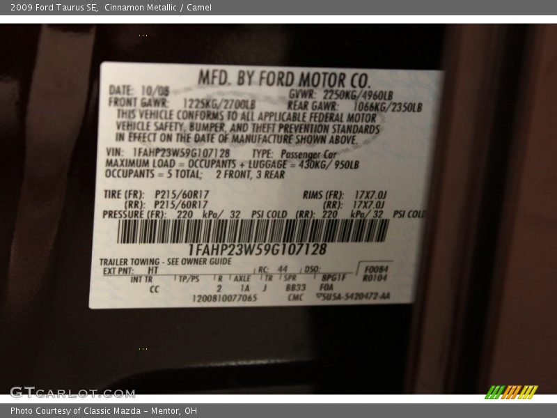 Cinnamon Metallic / Camel 2009 Ford Taurus SE