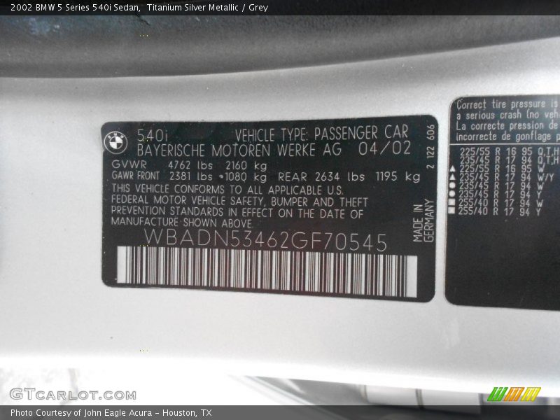 Titanium Silver Metallic / Grey 2002 BMW 5 Series 540i Sedan