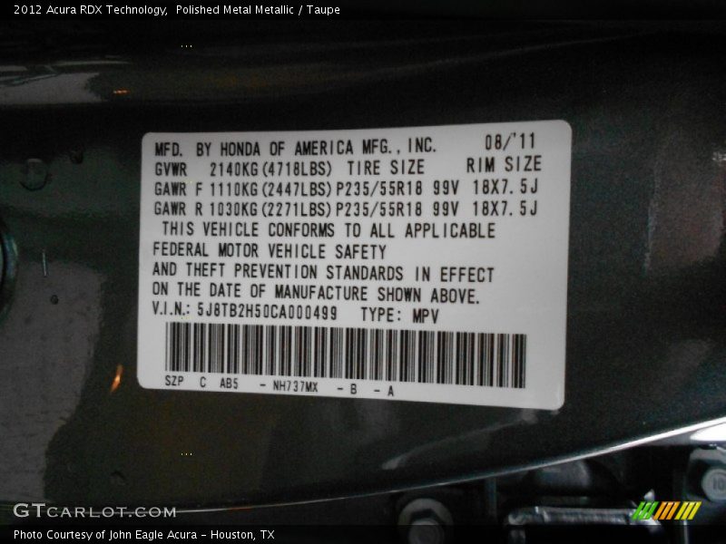 2012 RDX Technology Polished Metal Metallic Color Code NH737MX