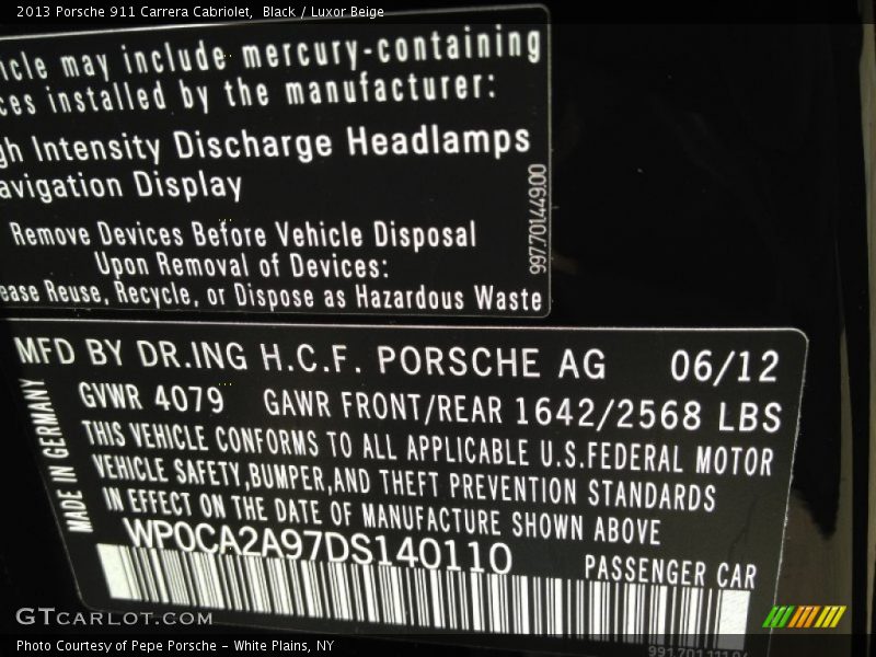 Info Tag of 2013 911 Carrera Cabriolet