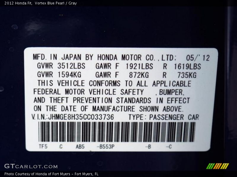 2012 Fit  Vortex Blue Pearl Color Code B553P