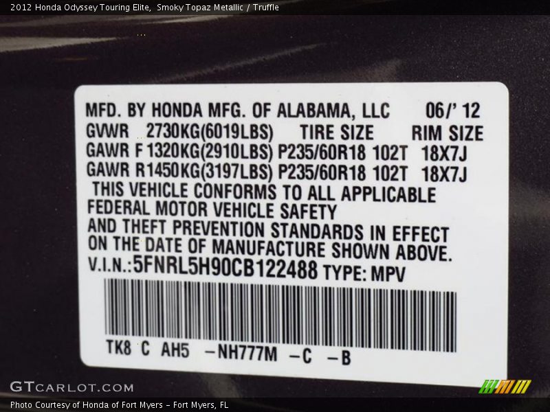 Smoky Topaz Metallic / Truffle 2012 Honda Odyssey Touring Elite