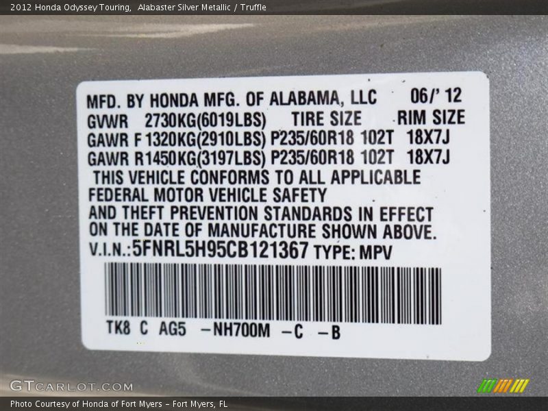Alabaster Silver Metallic / Truffle 2012 Honda Odyssey Touring