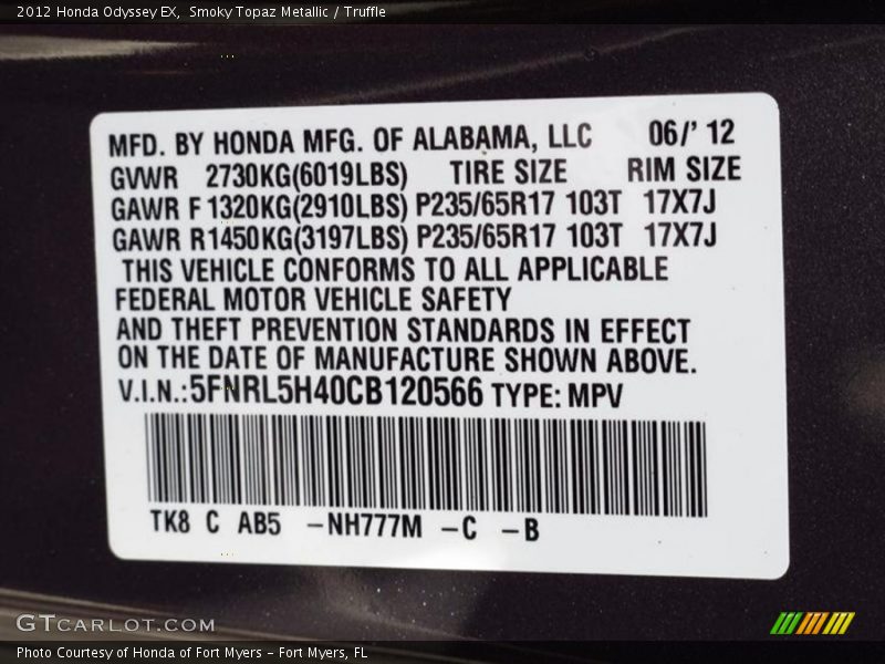 Smoky Topaz Metallic / Truffle 2012 Honda Odyssey EX