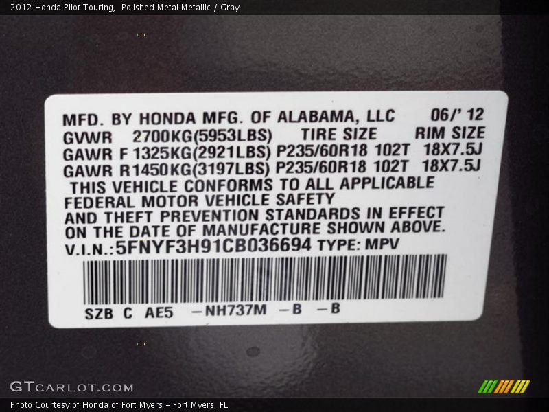 Polished Metal Metallic / Gray 2012 Honda Pilot Touring