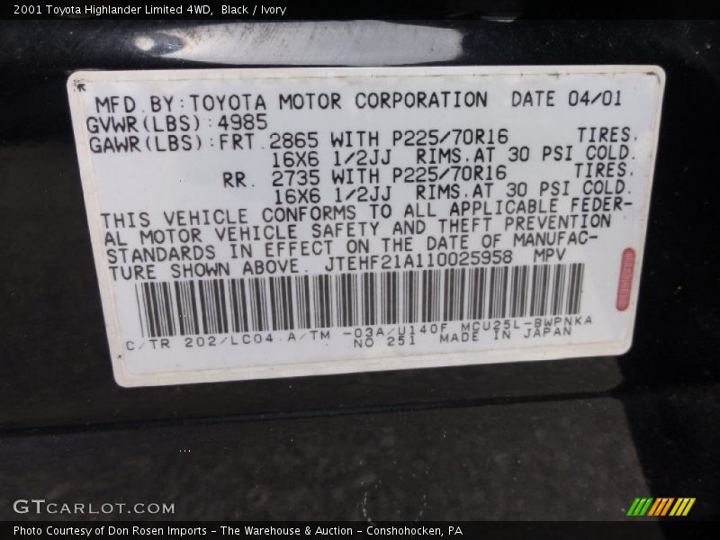 Black / Ivory 2001 Toyota Highlander Limited 4WD