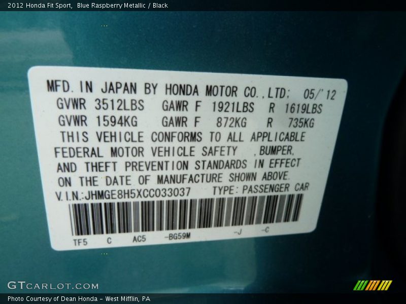 Blue Raspberry Metallic / Black 2012 Honda Fit Sport