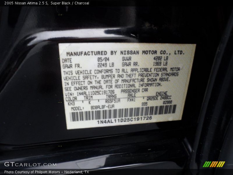 Super Black / Charcoal 2005 Nissan Altima 2.5 S