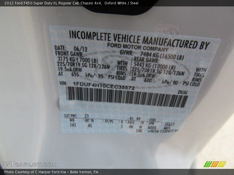 2012 F450 Super Duty XL Regular Cab Chassis 4x4 Oxford White Color Code Z1