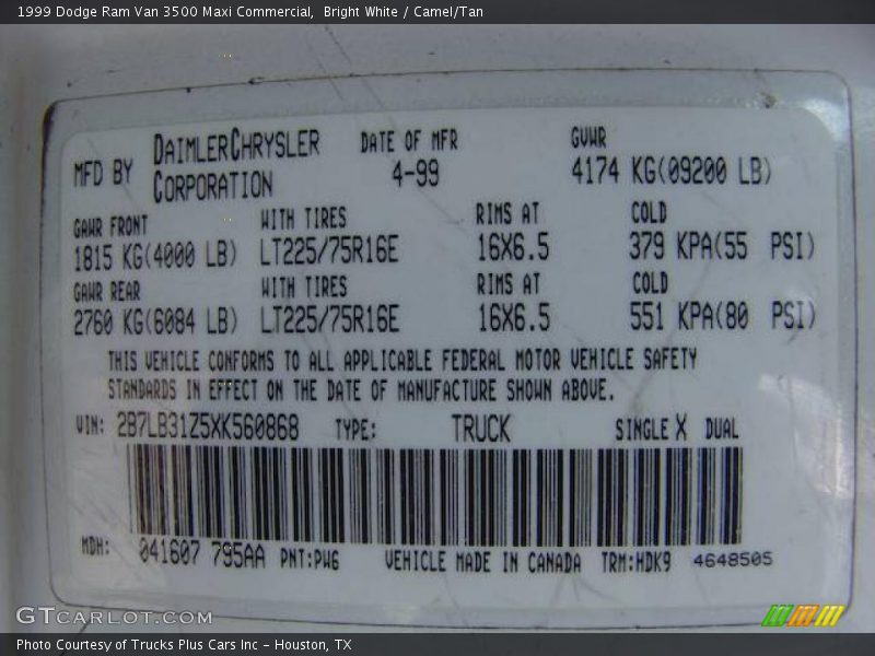 Bright White / Camel/Tan 1999 Dodge Ram Van 3500 Maxi Commercial