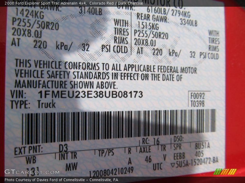 2008 Explorer Sport Trac Adrenalin 4x4 Colorado Red Color Code D3