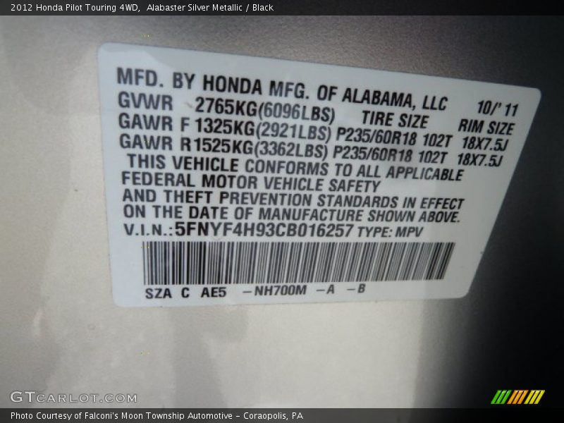 Alabaster Silver Metallic / Black 2012 Honda Pilot Touring 4WD