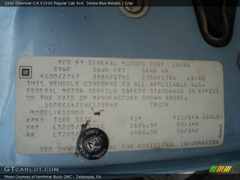Smoke Blue Metallic / Gray 1992 Chevrolet C/K K1500 Regular Cab 4x4