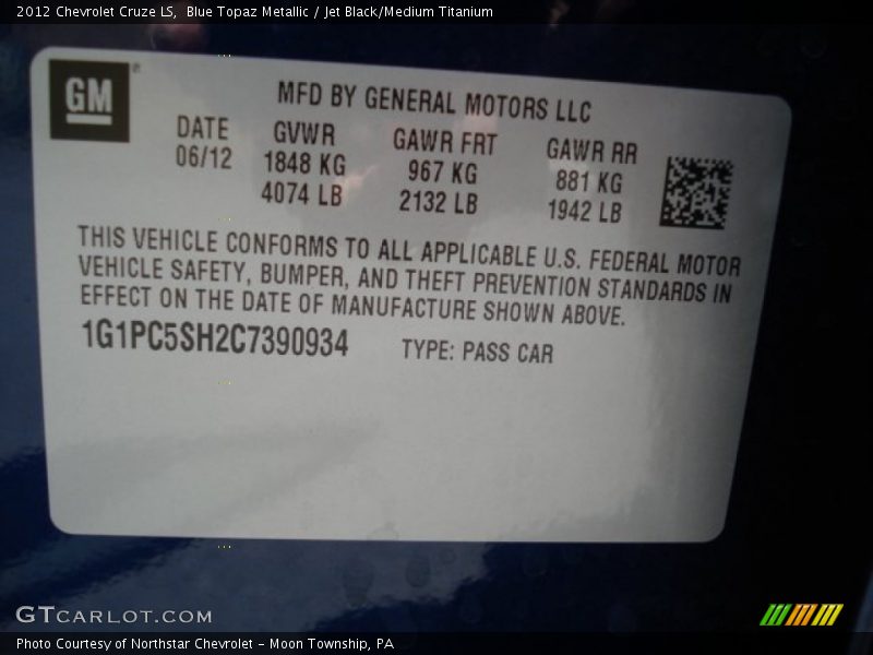 Blue Topaz Metallic / Jet Black/Medium Titanium 2012 Chevrolet Cruze LS