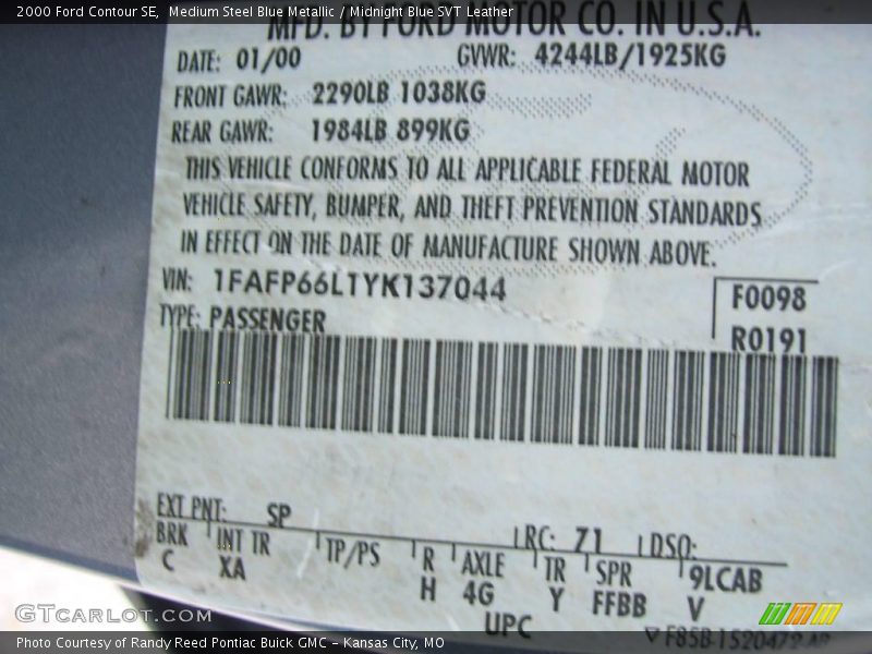 Medium Steel Blue Metallic / Midnight Blue SVT Leather 2000 Ford Contour SE