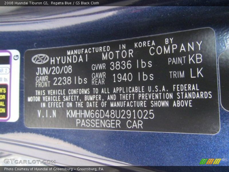2008 Tiburon GS Regatta Blue Color Code KB
