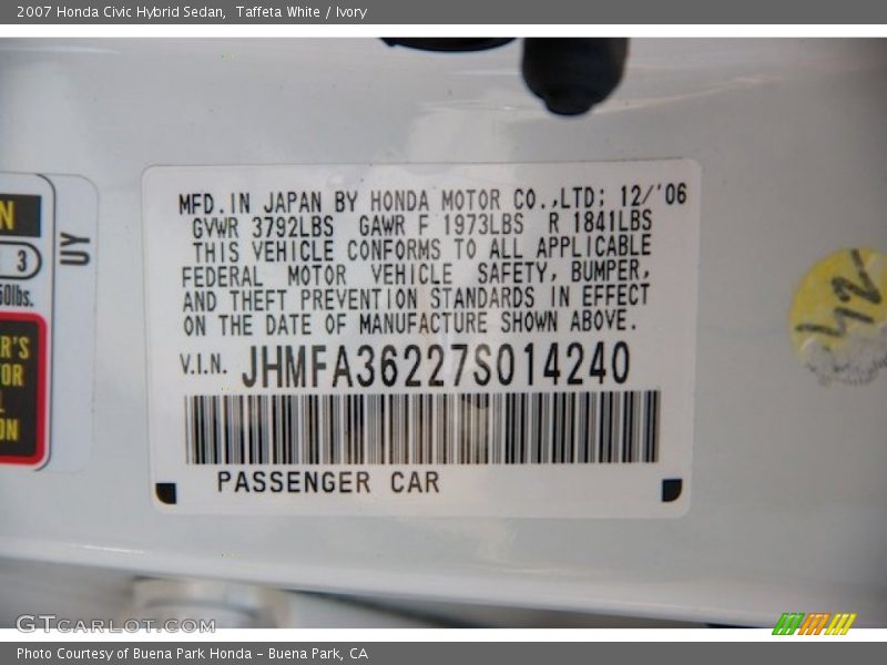 Taffeta White / Ivory 2007 Honda Civic Hybrid Sedan